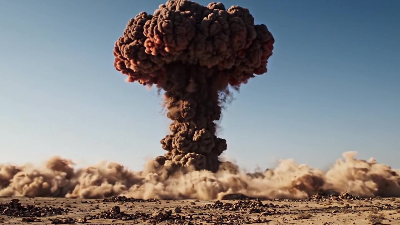 Eine dramatische Explosion in einer kargen Landschaft, die die gewaltige und zerstörerische Kraft einer massiven Detonation vor einem klaren blauen Himmel zeigt