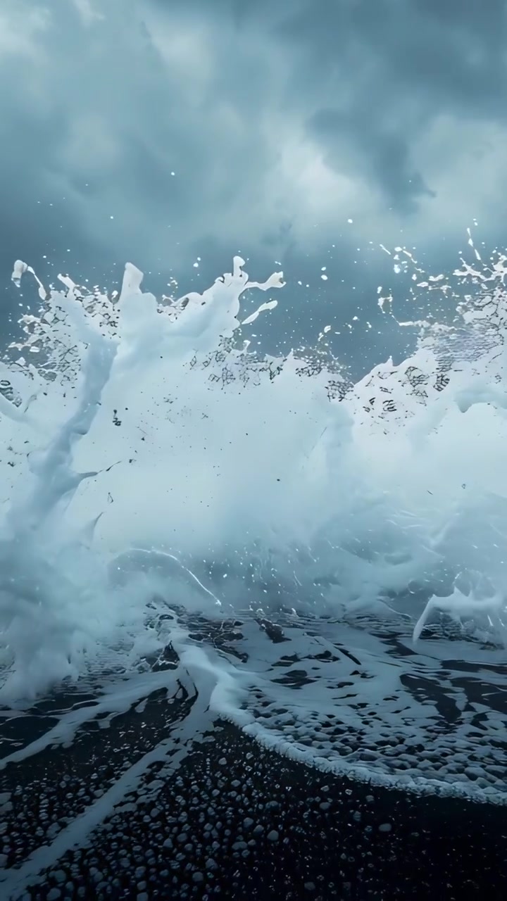 Video verticale: Onda crescente che spinge un'onda oceanica che si infrange su una costa scura di ciottoli, spruzzando schiuma.