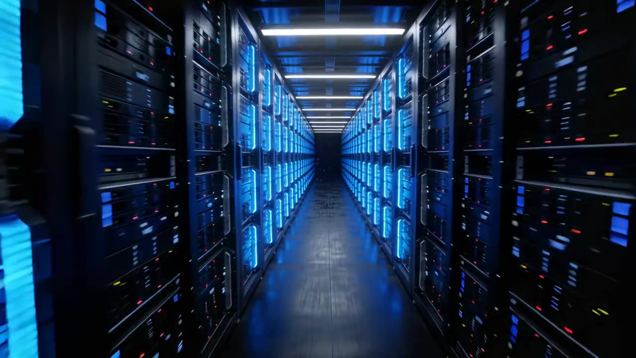 La telecamera inizia a scorrere lungo il corridoio centrale di un data center, mostrando pannelli blu, LED e nebbia per una panoramica.