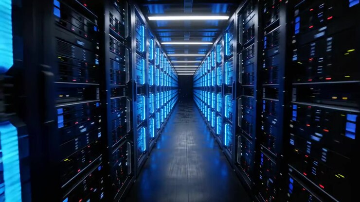 La telecamera inizia a scorrere lungo il corridoio centrale di un data center, mostrando pannelli blu, LED e nebbia per una panoramica.