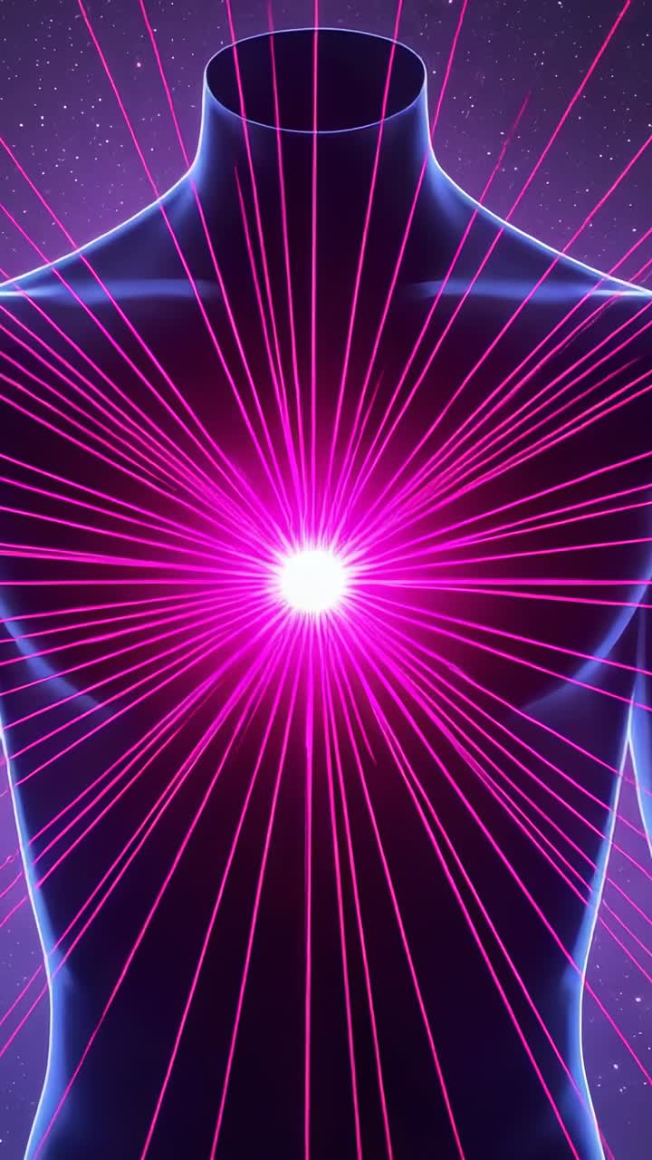 Video verticale: busto pulsante che spara raggi magenta dal nucleo del torace in espansione nel vuoto viola in carica