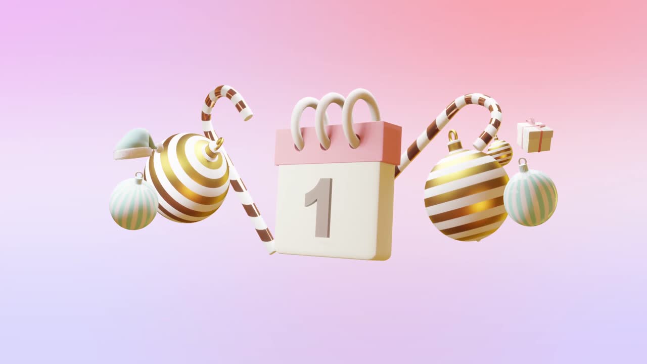 анимация календаря с номером 1 и рождественскими украшениями на фиолетовом фоне