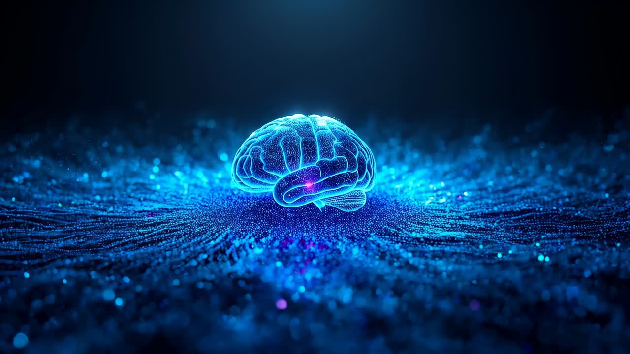 Activating magenta core, pulsing holo brain hovering over dark particle plane, sending ripples
