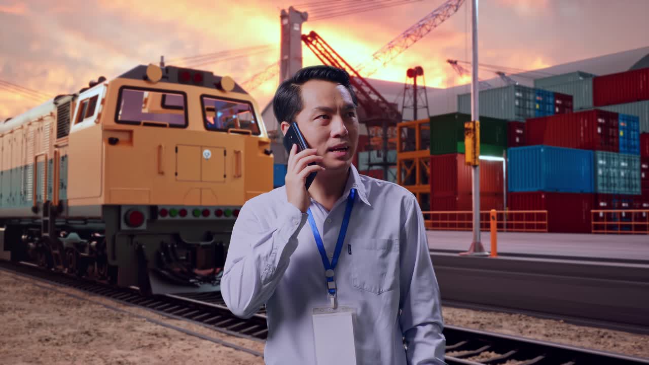 Asian Male Professional Worker Standing With Freight Cargo Train At Port, He Pick The Phone Up And Started To Speaking With It