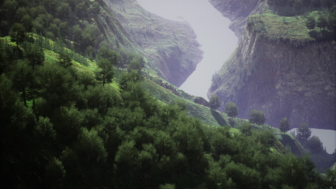 Lush green landscape with winding river and rocky cliffs in daylight