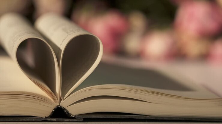 Libro aperto con pagine a forma di cuore e bouquet di rose su un tavolo