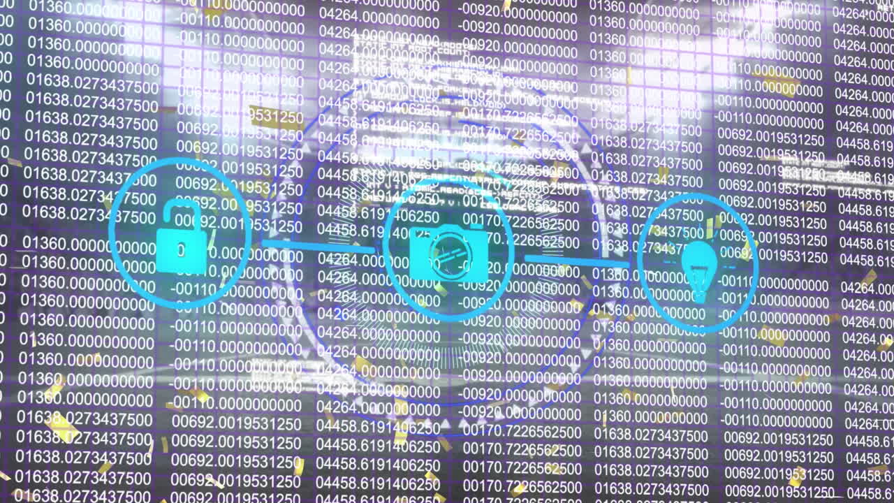 디지털 아이콘 네트워크, 둥근 스캐너 및 이진 코딩을 통해 떨어지는 황금 콘티의 애니메이션