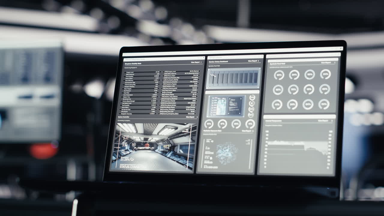 Laptop inside high tech spaceship cockpit running data analysis of Mars