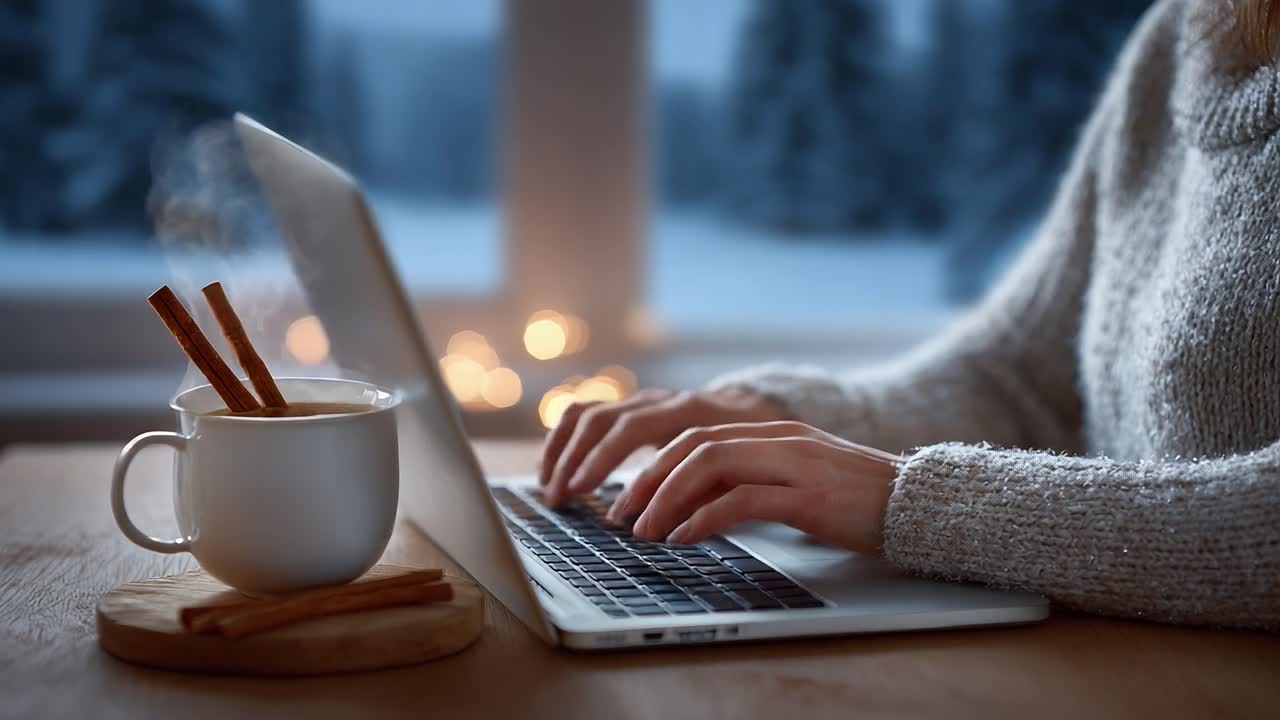 A Cozy Winter Scene Featuring a Person Typing on a Laptop with a Warm Drink Surrounded by a Festive Atmosphere of Soft Lighting and a Snowy Background