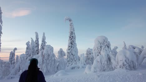 girl admires winter wonderland landscape with huge snow covered trees in lapland, finland, arctic circle