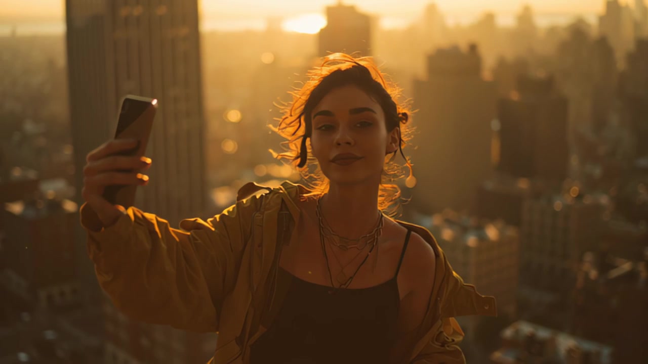 Filmato di una giovane donna elegante che si scatta un selfie su una terrazza panoramica al tramonto, con una calda retroilluminazione e uno skyline urbano sullo sfondo, concetto di lifestyle da viaggio