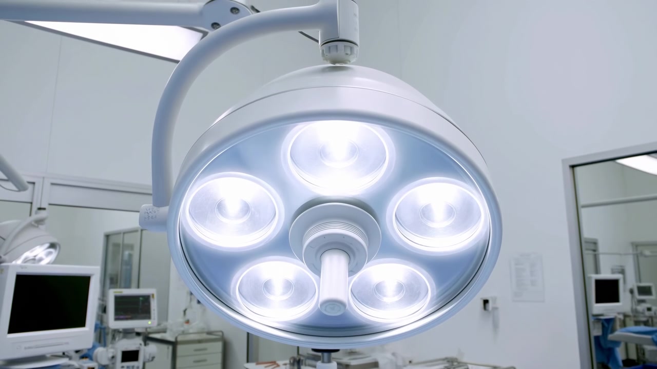 Vista de cerca de una lámpara quirúrgica LED circular montada en el techo, colgando de un brazo articulado en un quirófano estéril. Iluminación fría de color blanco azulado
