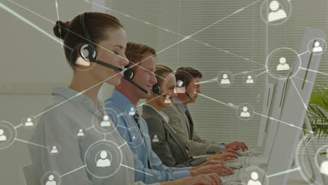 Animation-of-network-of-connections-over-business-people-wearing-phone-headsets