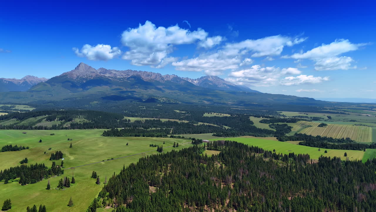 Wildlife nature of Slovakia from top view. The Tatra mountains and valley with pine tree wood. Aerial view