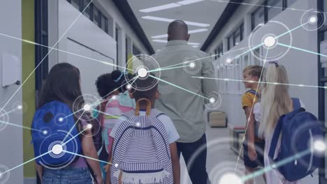 Animation-of-connections-over-happy-diverse-african-american-teacher-and-pupils-talking-in-corridor