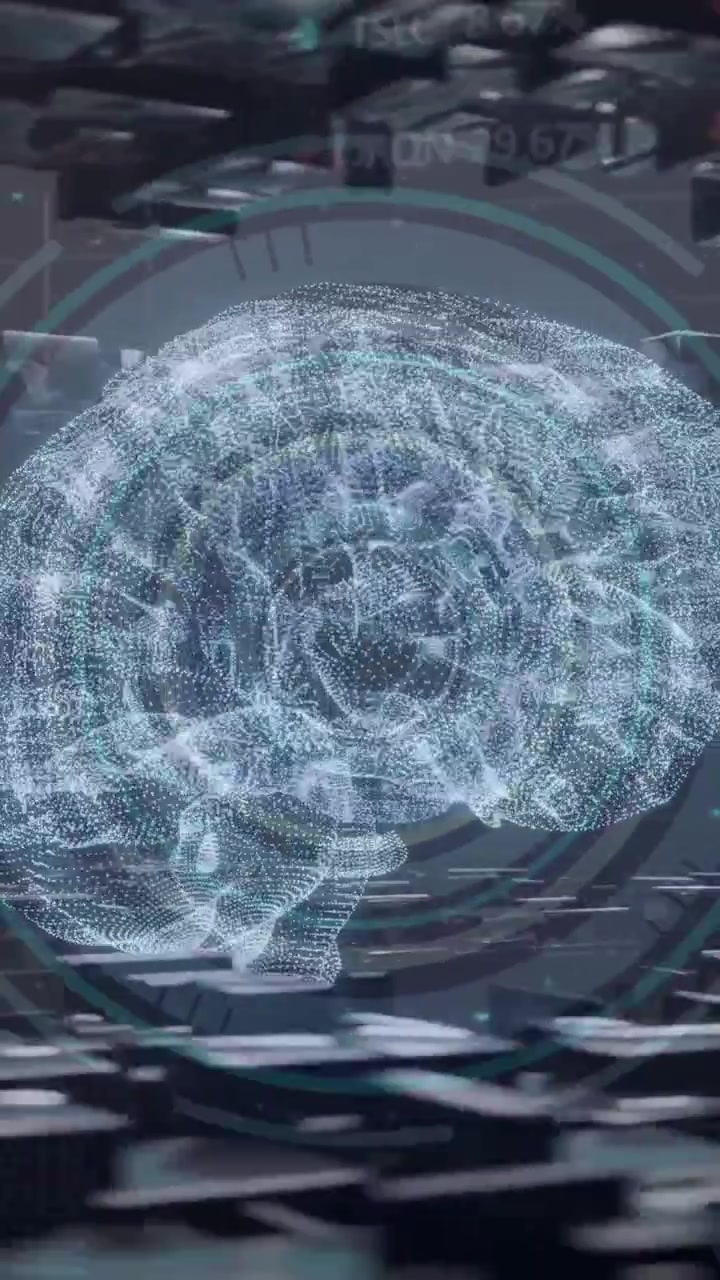 Animation of ai data processing and brain over black background