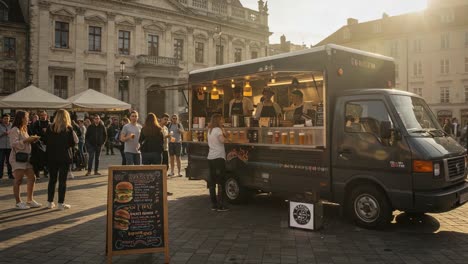 a bustling food truck scene: patrons enjoying delicious street food in a vibrant outdoor square filled with lively conversations and golden light at dusk