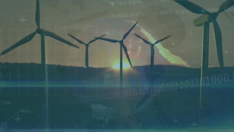 animación de datos financieros y gráficos sobre turbinas eólicas al atardecer