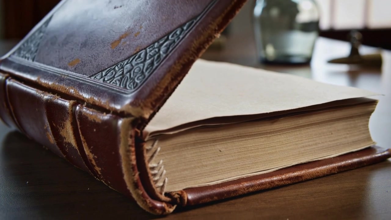 Поднятие потрёпанной книги в кожаном переплёте на деревянном столе, видны свободный лист, состаренные страницы и тиснёные уголки.