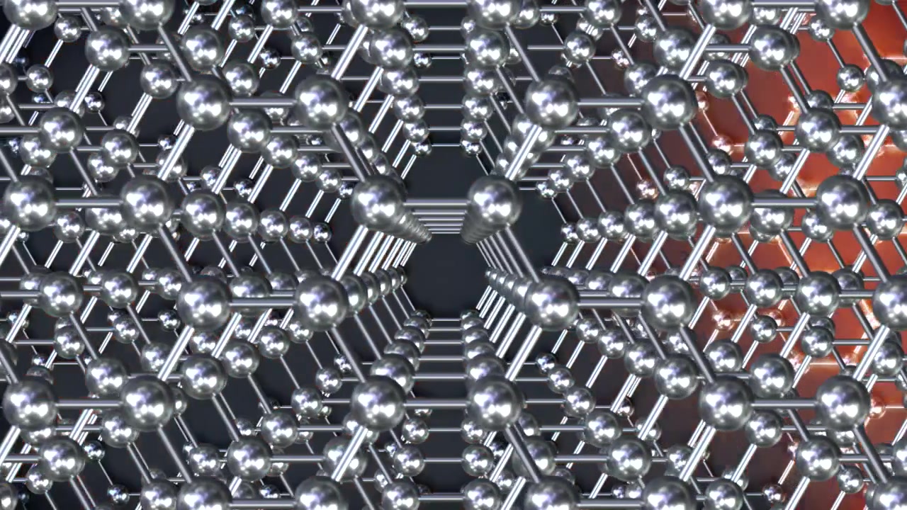 Graphene Thermal Conductivity Stack loop Orizzontale Cromo. Questa animazione 3D di nanotecnologia rappresenta l'ingegneria a livello molecolare