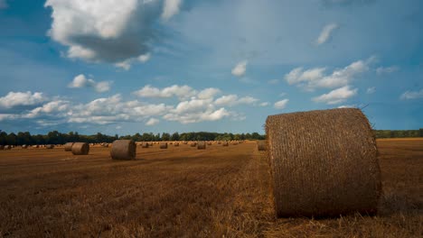 Timelapse-on-a-beautiful-summer-day-in-a-field-with-straw-bales,-blue-sky-and-passing-clouds