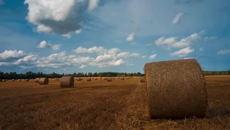 Timelapse-En-Un-Hermoso-Día-De-Verano-En-Un-Campo-Con-Fardos-De-Paja,-Cielo-Azul-Y-Nubes-Pasajeras