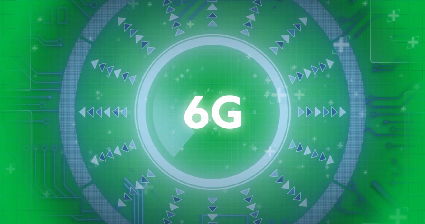 Animación de texto 6G, escaneo de alcance y procesamiento de datos en pantalla.
