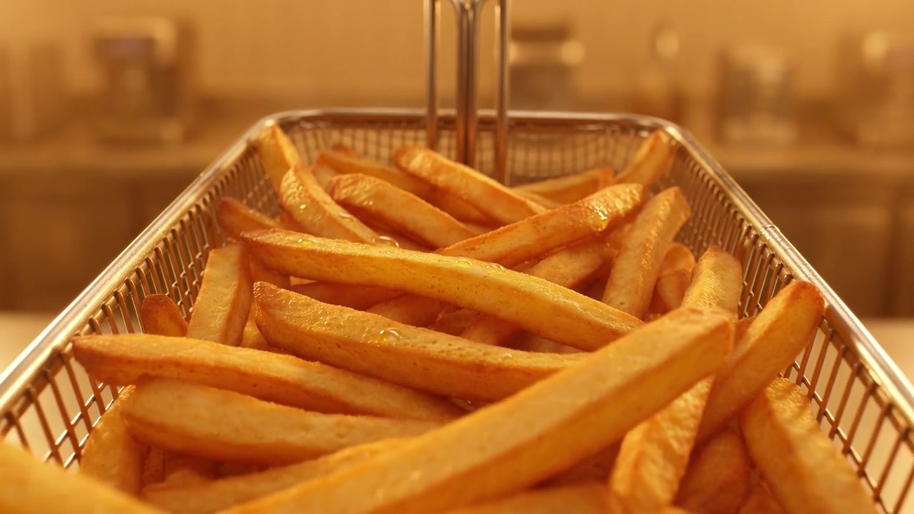 Close-up of Freshly Fried French Fries in a Metal Basket