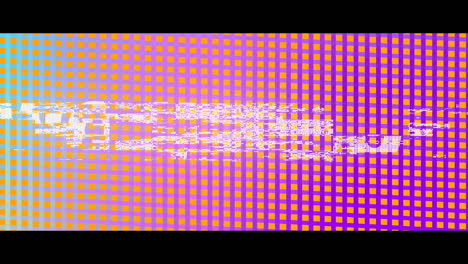 animación digital de texto wow con efecto estático contra múltiples formas cuadradas en fondo púrpura