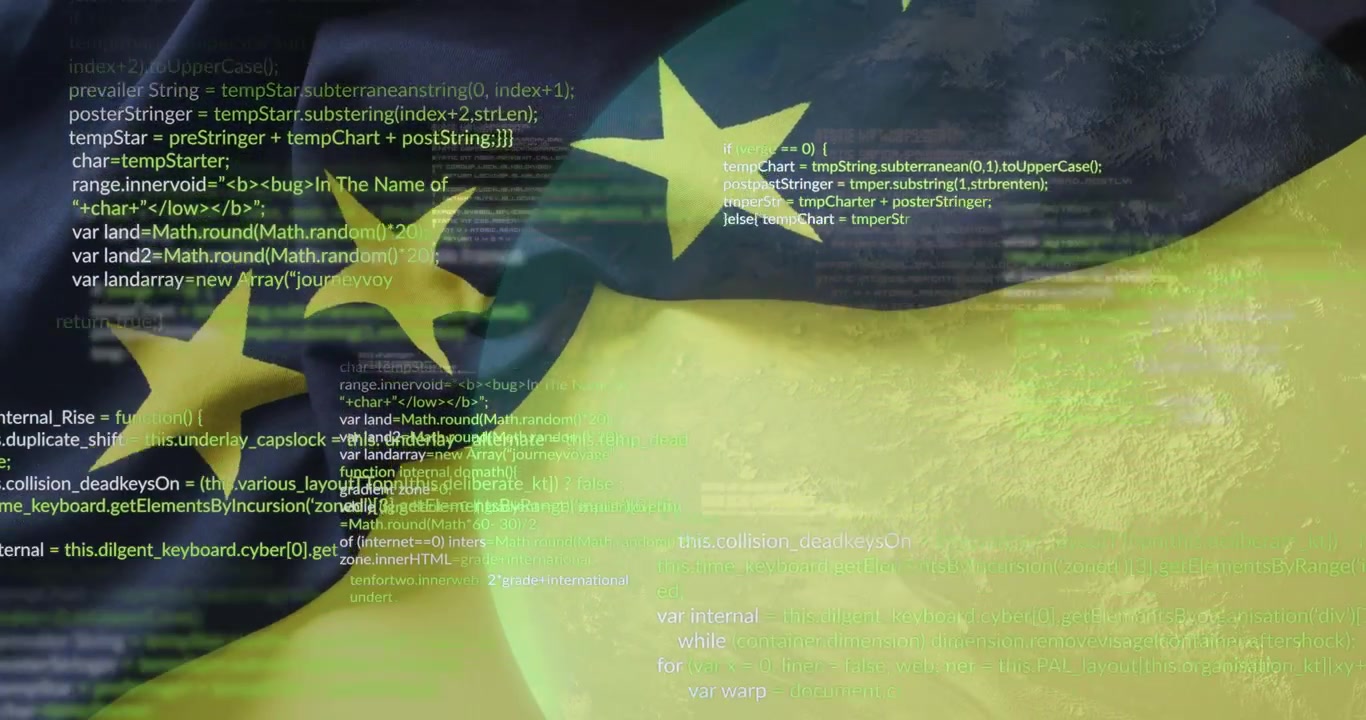 Frammenti di codice JavaScript che si sovrappongono a un motivo stilizzato della bandiera dell'Unione Europea, con layout in flat design.