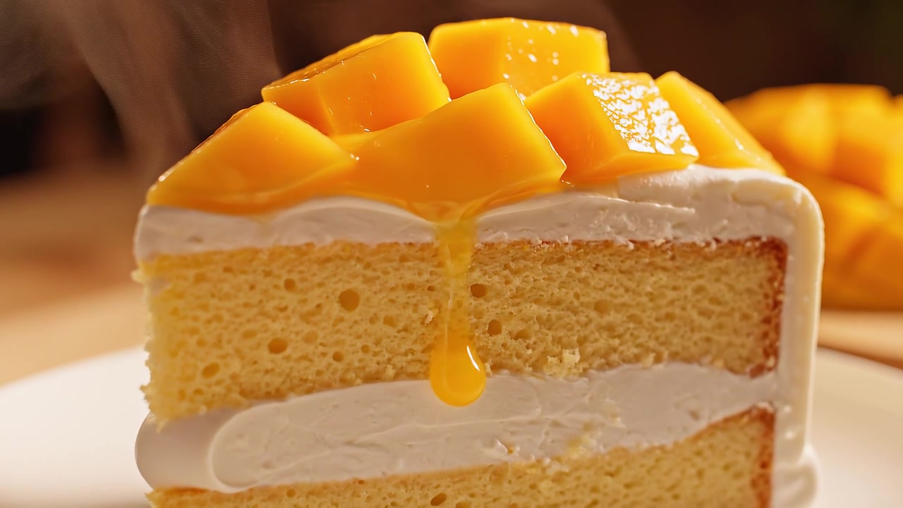 Rebanada de delicioso pastel de crema de mango con cobertura de fruta fresca