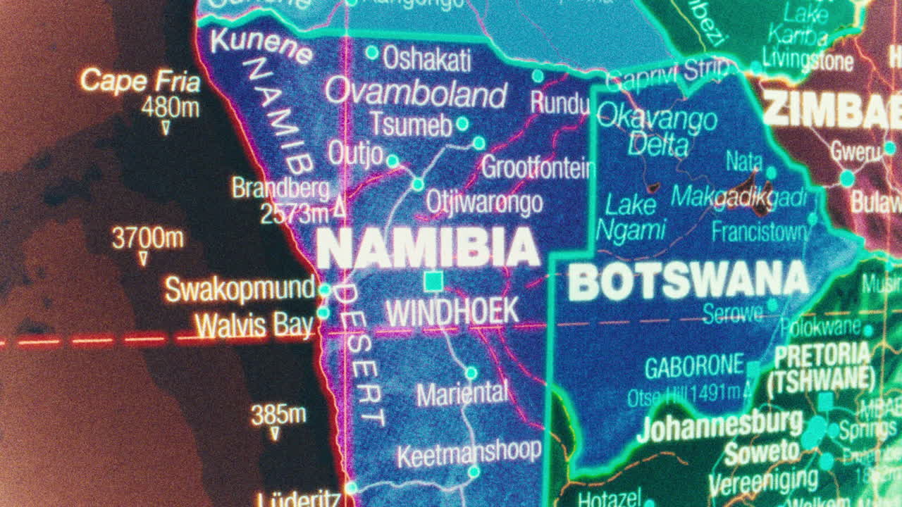 Close-up view of a map showing Namibia and Botswana