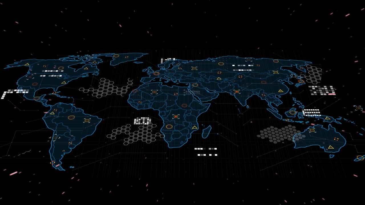 Animation of circuit board pattern over map against dots on black background