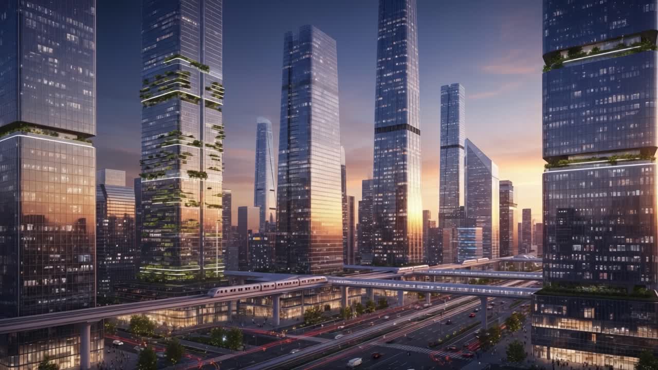Eine atemberaubende Stadtsilhouette in der Dämmerung, die moderne Wolkenkratzer, elegante Architektur und ein innovatives Verkehrsnetz in einer lebendigen Metropole zeigt.