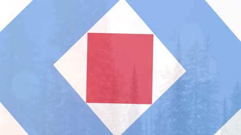 animation of shapes in red, white and blue of flag of america over winter forest in snow