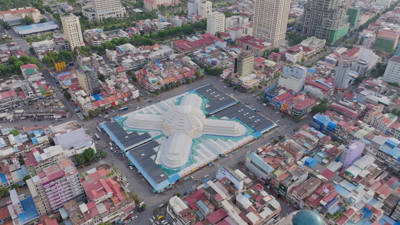 Aerial of Phnom Penh’s iconic Central Market with its domed roof and starfish shape nestled among busy streets