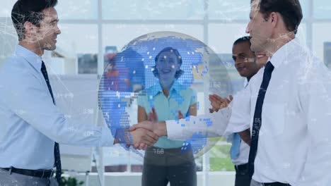 businessmen closing a deal against data connections and digital globe