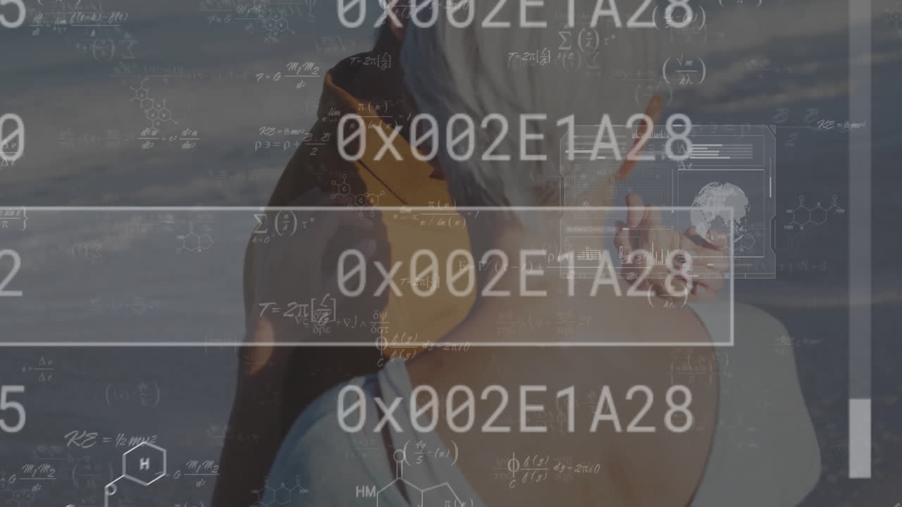 In school, animation character surrounded by digital code and math equations