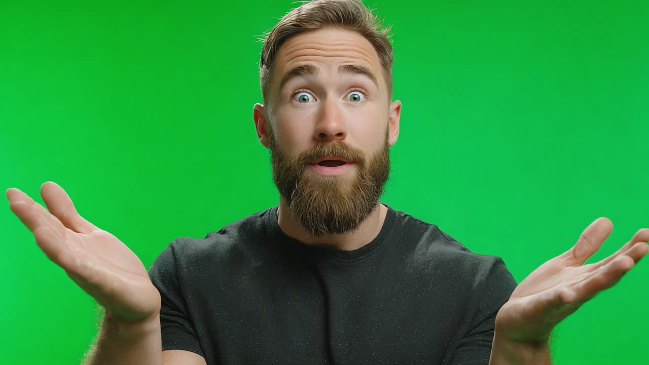 A man with a surprised expression and raised hands in front of a vibrant green background, capturing a moment of confusion and curiosity at a humorous situation