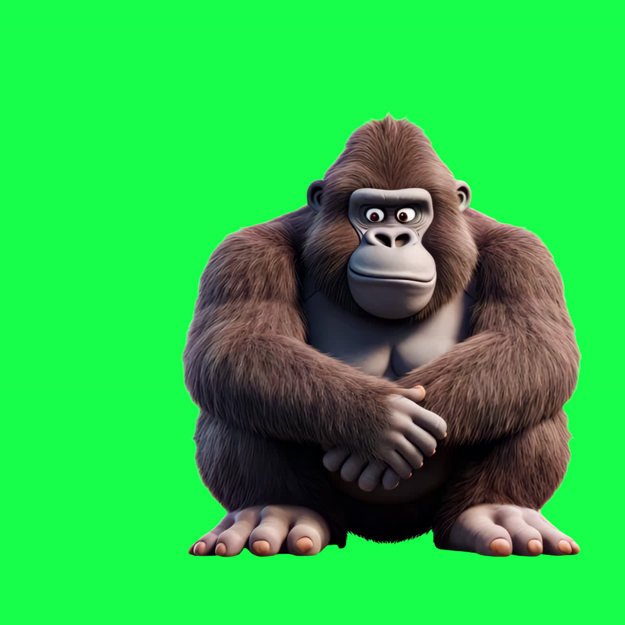 Risorsa isolata di animazione di gorilla dei cartoni animati seduto pacificamente, video 4K trasparente, canale alfa