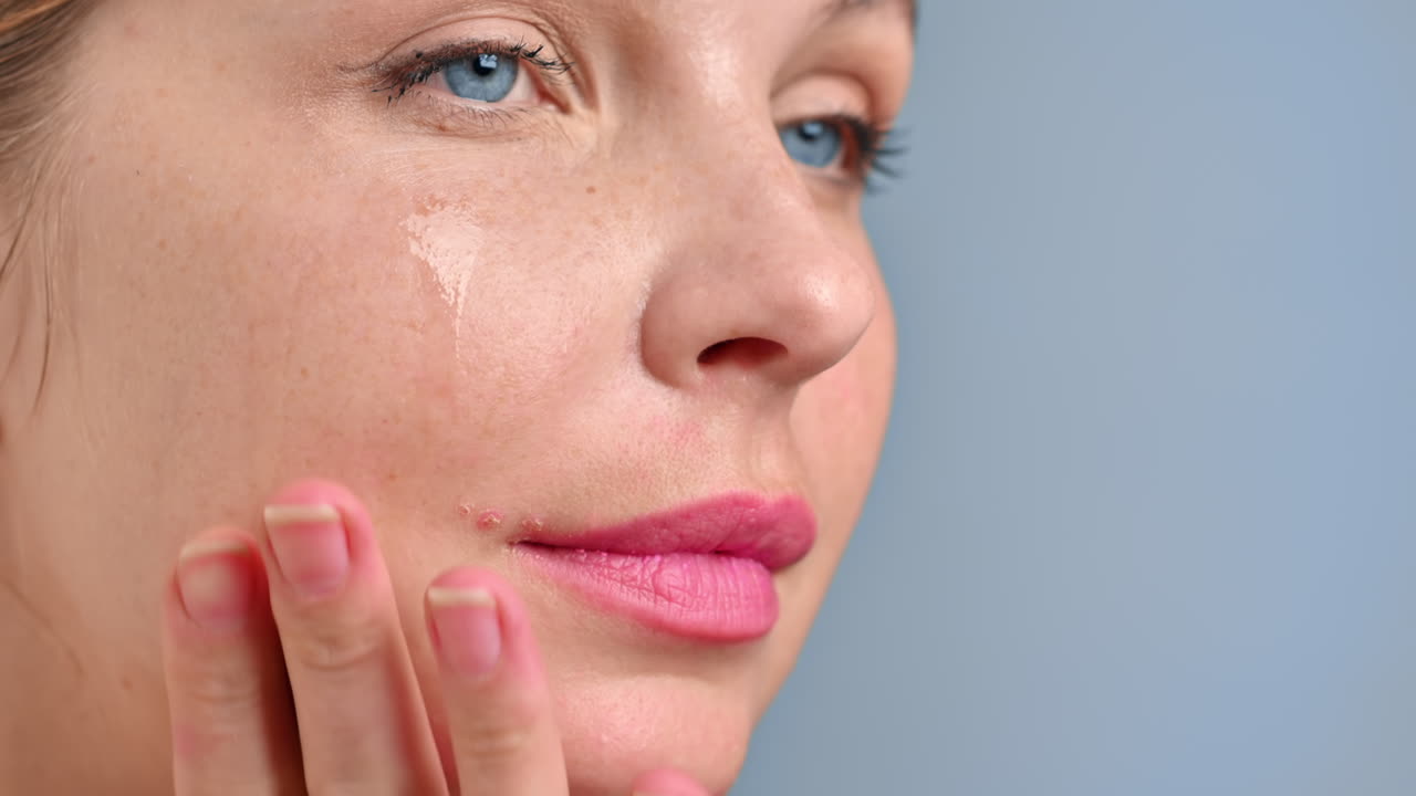 A young caucasian woman is applying and moisturizing face and skin with cosmetic oil