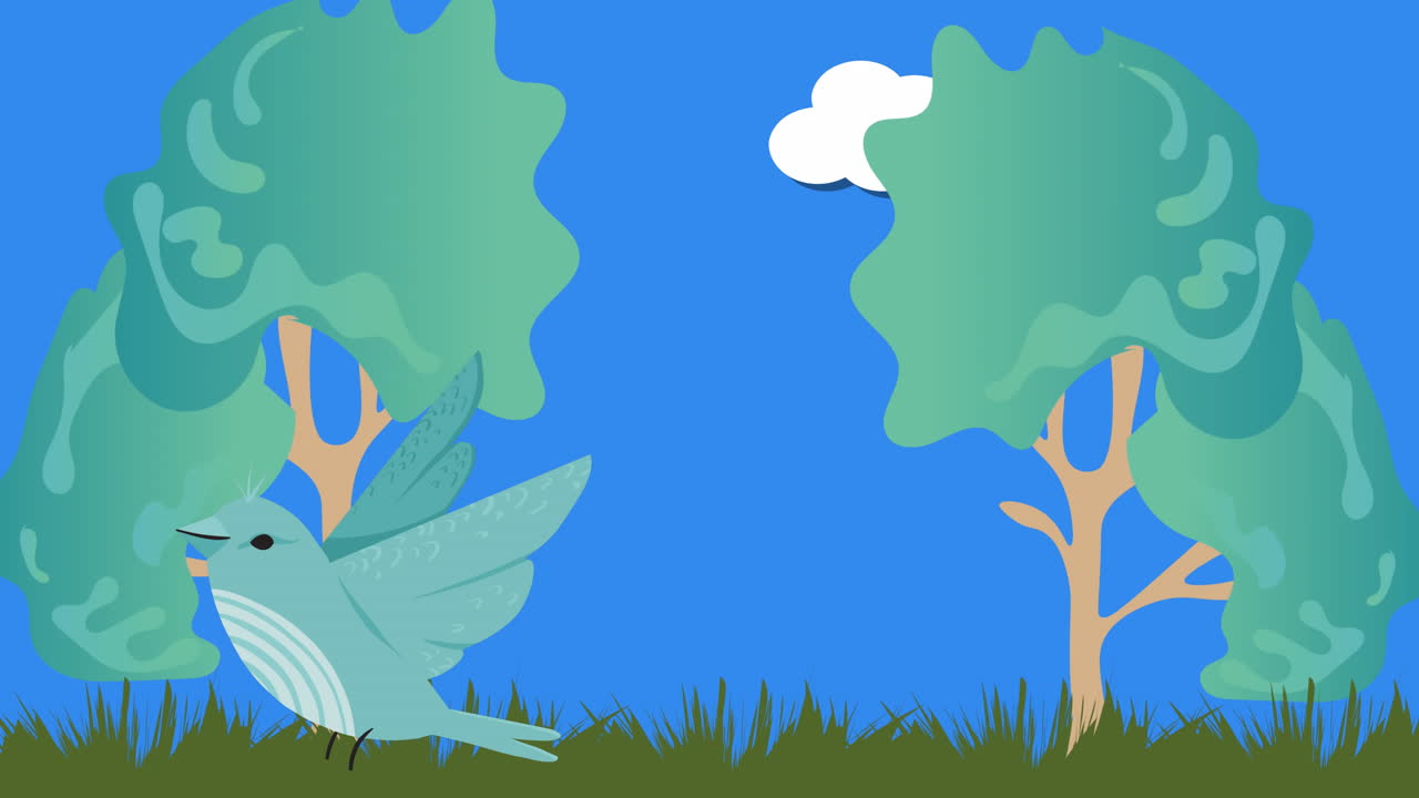 Animation of blue bird with green land, trees and clouds over blue ...