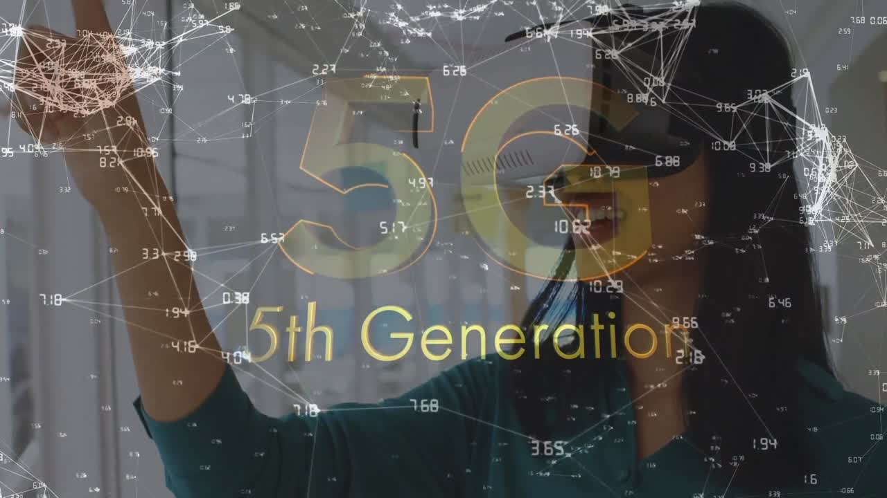 vr 헤드 ⁇ 을 사용하는 백인 사업가 여성에 대한 연결 네트워크의 애니메이션