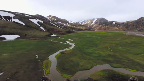 drone aerial footage of landmannalaugar landscape in iceland highlands.