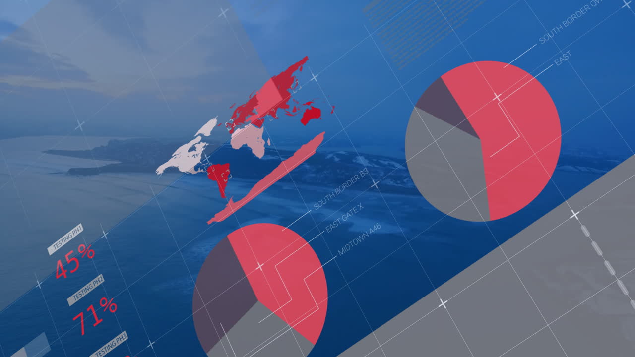Creating animation with charts and graphs over aerial landscape in school setting