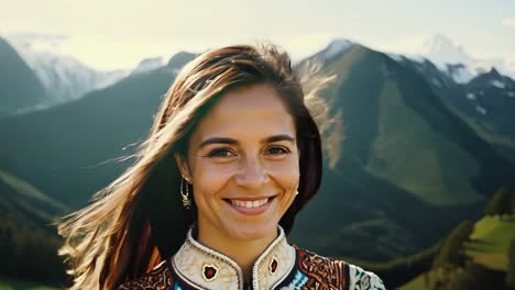 cheerful young woman is smiling outdoors with the wind blowing through her hair. she is wearing casual clothing and enjoying the fresh air