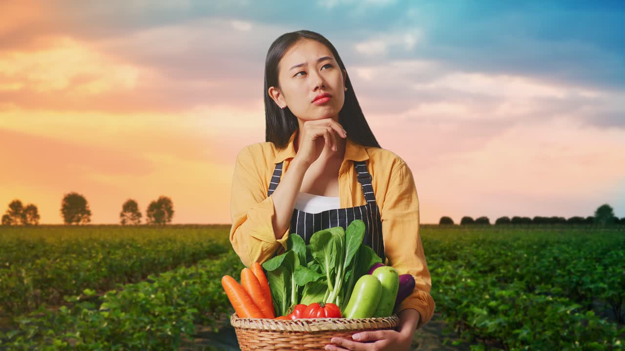 동양 여성 농부 가 채소 바구니 를 들고 무언가 에 대해 생각 하고 주위를 둘러보며 스튜디오 에서 녹색 스크린 에 서 있는 동안 지표손가락 을 들어 올리고 있다