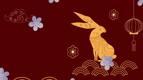 animación de decoraciones tradicionales chinas con conejo en fondo rojo.