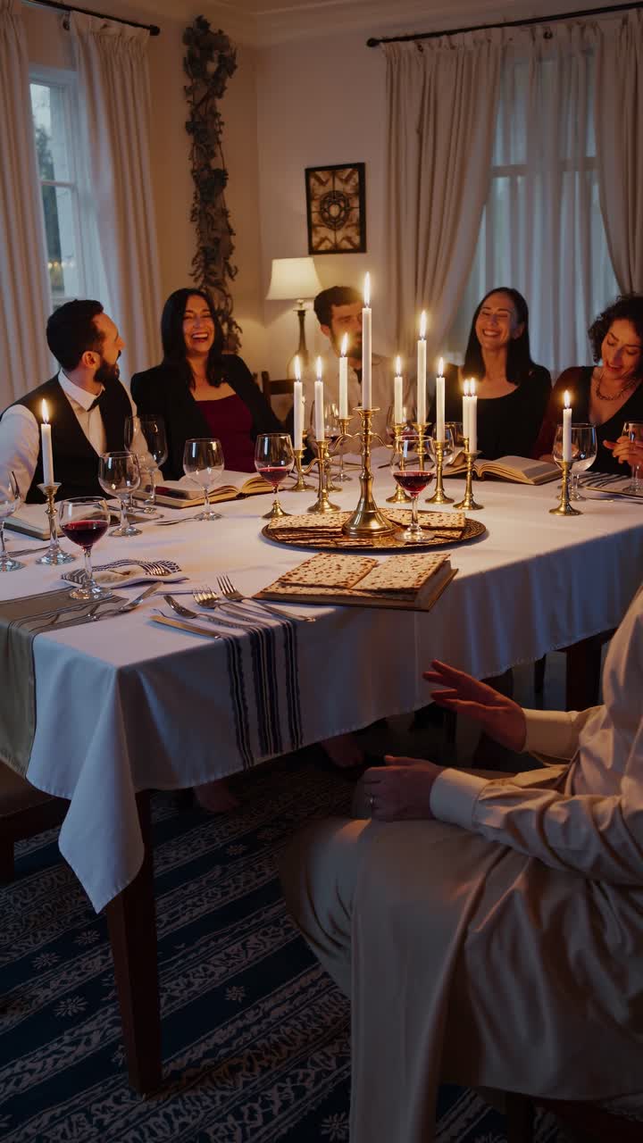 A warm, intimate dinner scene with friends, captured from a low angle