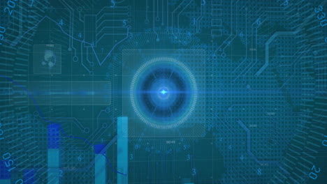 animation of circuit board and digital data processing over blue background